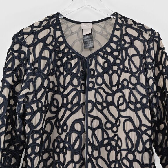CHICOS Jacket Womens Size 8 Black Swirl Ribbon Sheer Mesh Travelers Collection - Picture 2 of 14